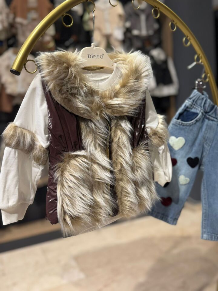 KIZ ÇOCUK KÜRKLÜ YELEKLİ JEAN PANTOLON 3,LÜ KONBİN