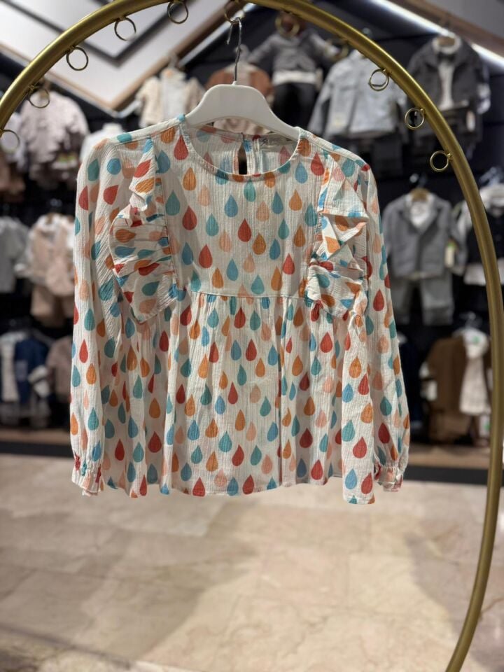 Damla Desenli Fırfır Detaylı Bluz
