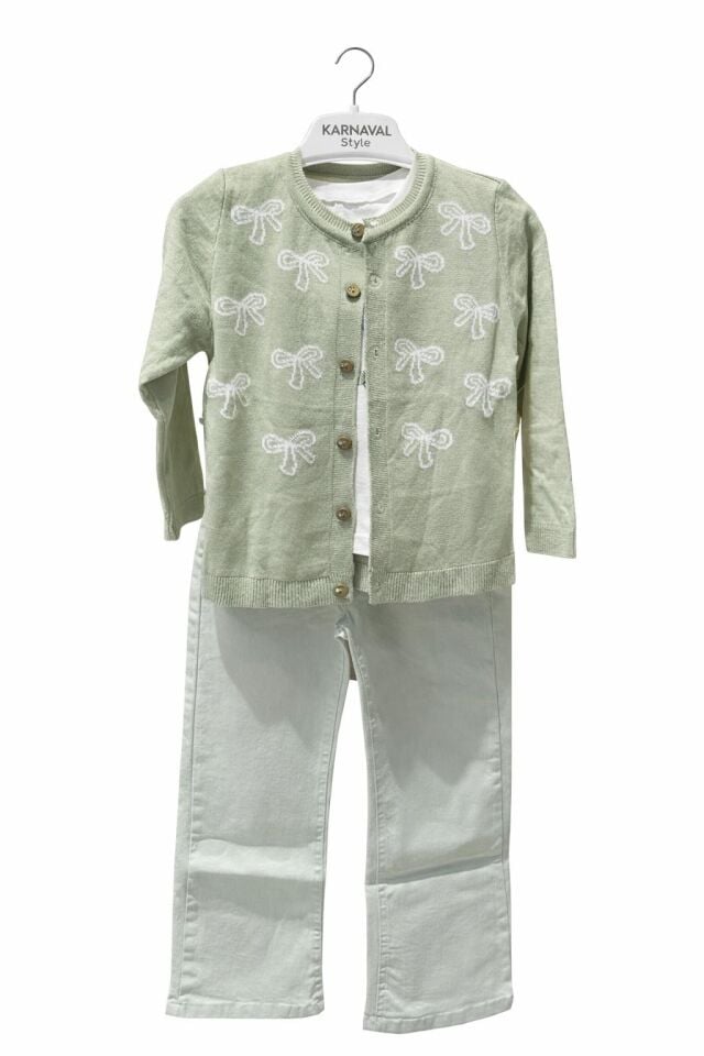 KIZ ÇOCUK FİYONK DESENLİ TRİKO HIRKA<SWEATSHİRT PANTOLON TAKIM