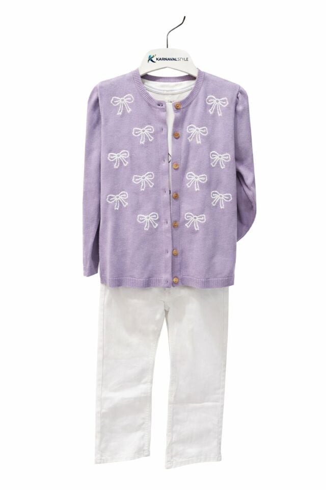 KIZ ÇOCUK FİYONK DESENLİ TRİKO HIRKA<SWEATSHİRT PANTOLON TAKIM