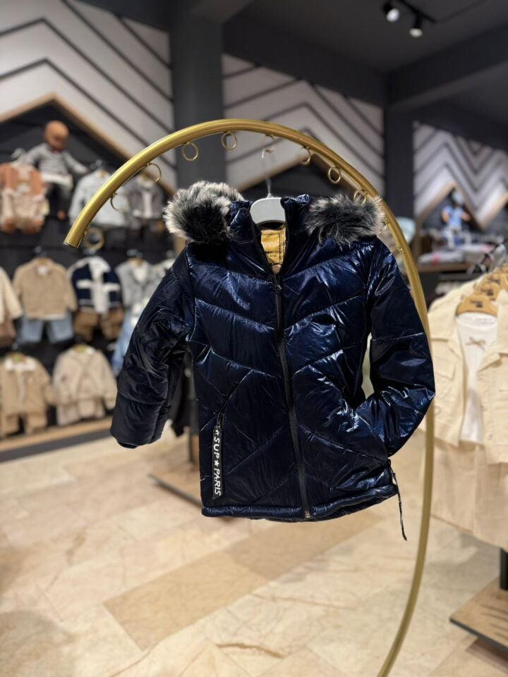 Kürk Kapüşonlu Parlak Şişme Çocuk Mont – Fermuarlı Kışlık Mont