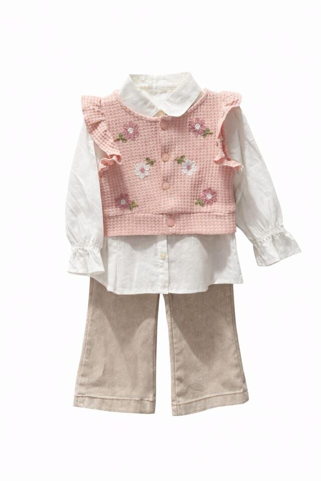 KIZ ÇOCUK ÇİÇEK İŞLEMELİ ŞIK TAKIM