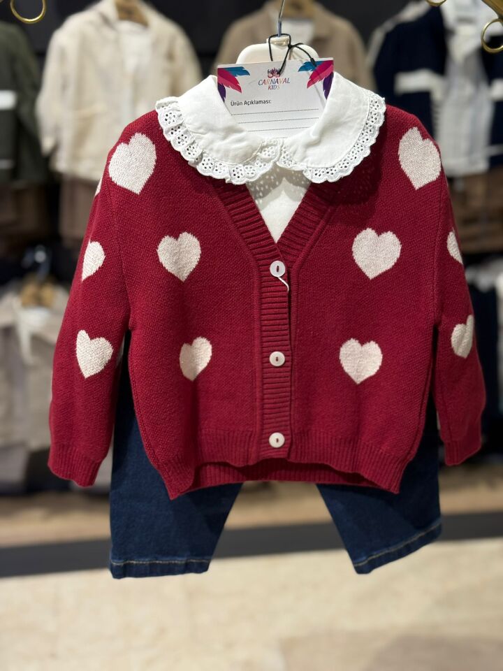 Kalp Desenli Triko Hırka & Gömlek & Jean Pantolon Kız Çocuk 3’lü Takım