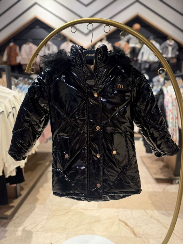 Kürk Kapüşonlu İçi Peluş Astarlı Parlak Şişme Çocuk Mont – Çıtçıtlı Fermuarlı Kışlık