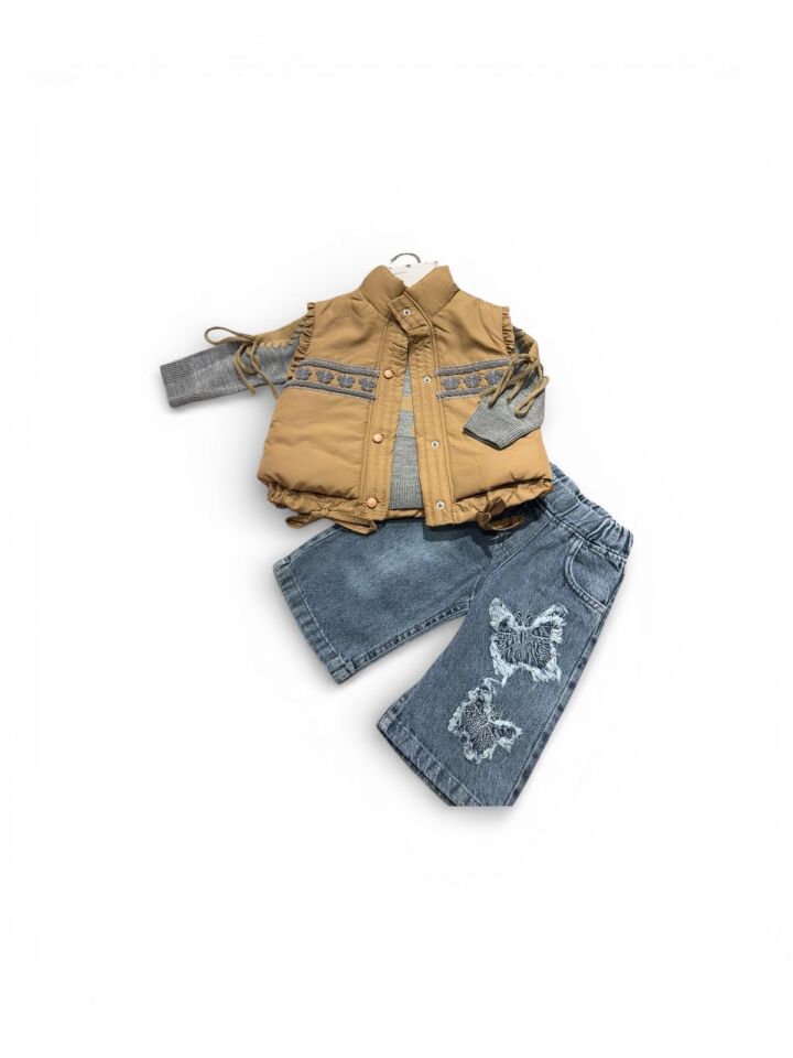 Şişme Yelek & Sweatshirt & Nakışlı Jean Pantolon kız Bebek 3’lü Takım (Ay Grubu)