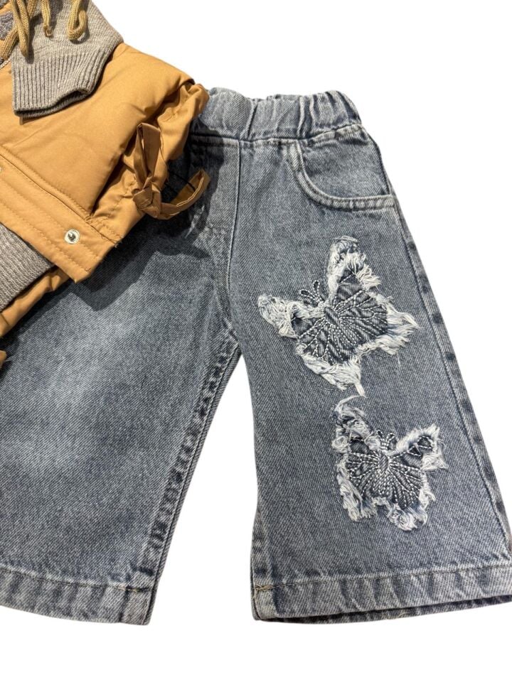Şişme Yelek & Sweatshirt & Nakışlı Jean Pantolon kız Bebek 3’lü Takım (Ay Grubu)