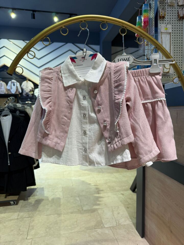 Kız Çocuk Gömlek Yaka Yelekli Kadife Etek Takımı (2 Renk Seçeneği)