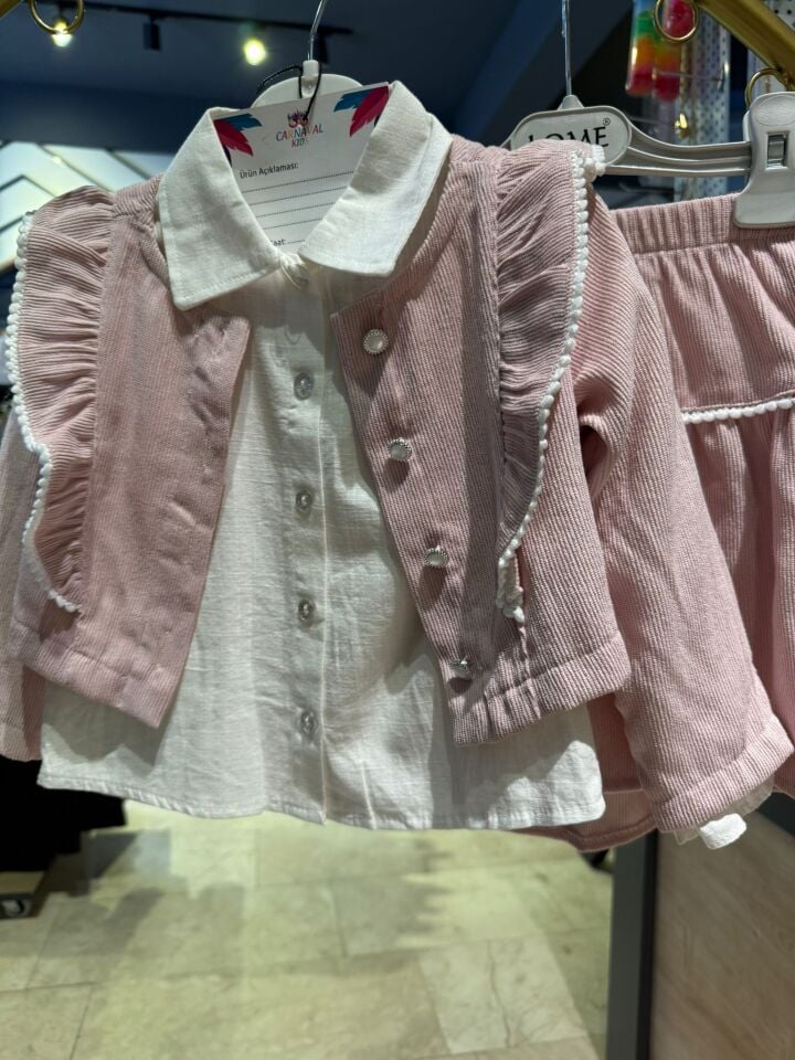 Kız Çocuk Gömlek Yaka Yelekli Kadife Etek Takımı (2 Renk Seçeneği)