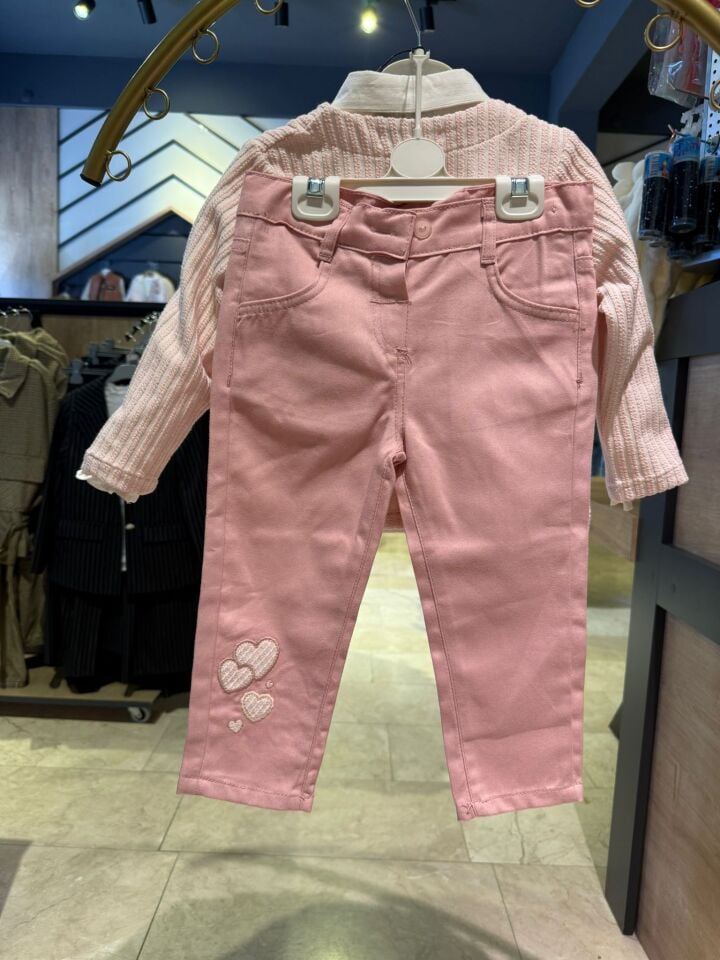 Kız Çocuk Triko Hırkalı Kalp Detaylı 3’lü Takım