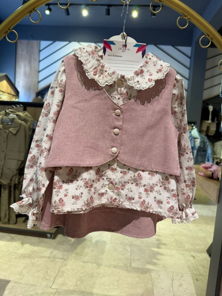 KIZ ÇOCUK ÇİCEK DESENLİ BLUZLU YELEKLİ ETEKLİ 3LÜ TAKIM