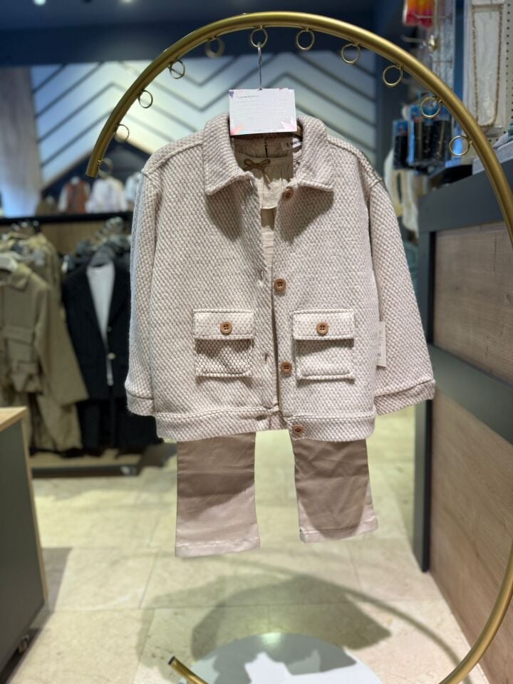 Kız Çocuk Dokulu Ceketli Gömlekli Pantolonlu 3’lü Takım