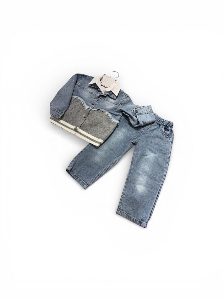 Kız Çocuk Kot Ceketli Gömlekli Pantolonlu 3’lü Takım