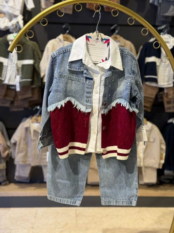 Kız Çocuk Kot Ceketli Gömlekli Pantolonlu 3’lü Takım