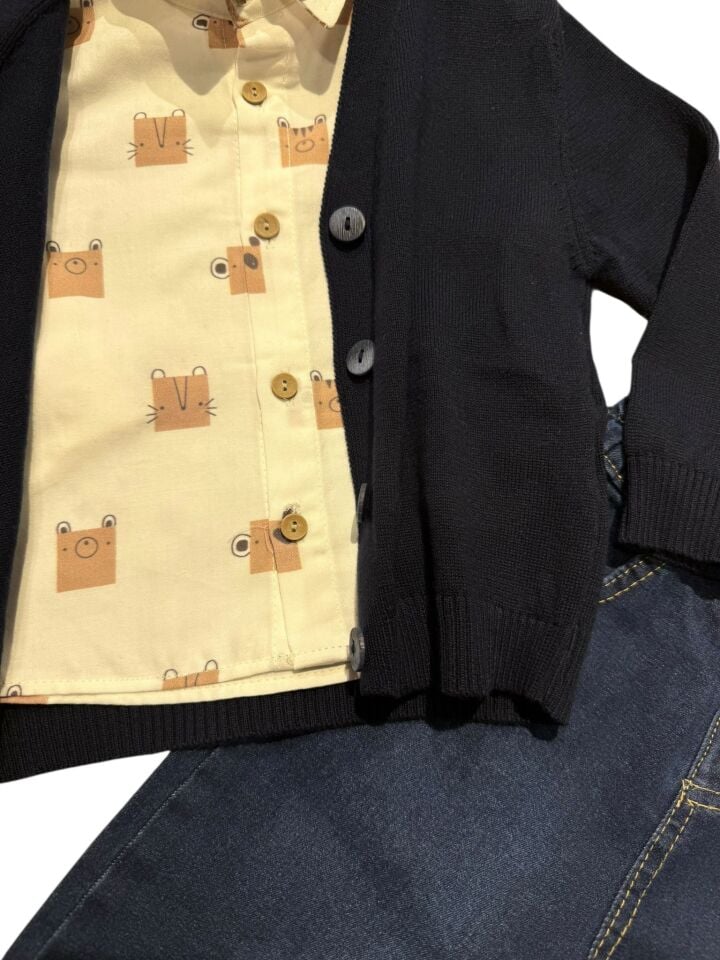 Erkek Bebek 3 Parça Ay Grubu Triko Hırkalı Kot Pantolon Takım