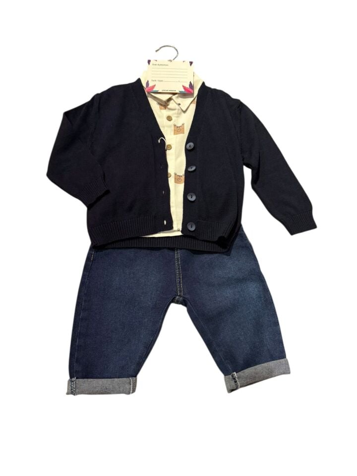Erkek Bebek 3 Parça Ay Grubu Triko Hırkalı Kot Pantolon Takım