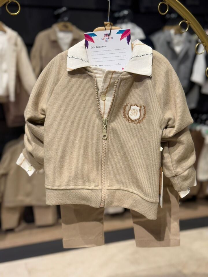 Erkek Bebek 3 Parça Ay Grubu Fermuarlı Ceketli Takım