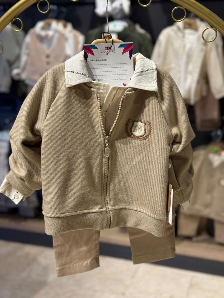 Erkek Bebek 3 Parça Ay Grubu Fermuarlı Ceketli Takım