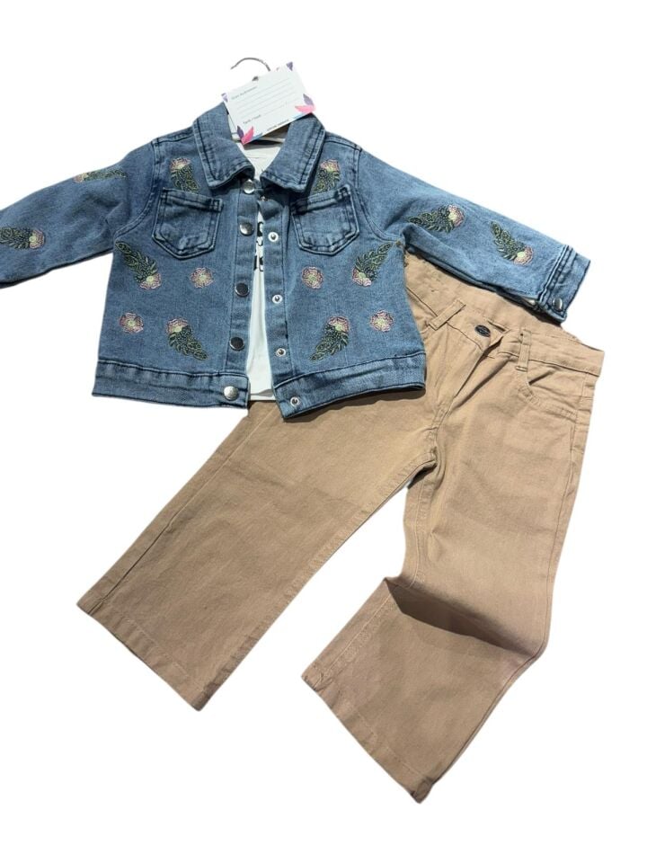 Kız Çocuk 3 Parça Kot Ceketli Takım