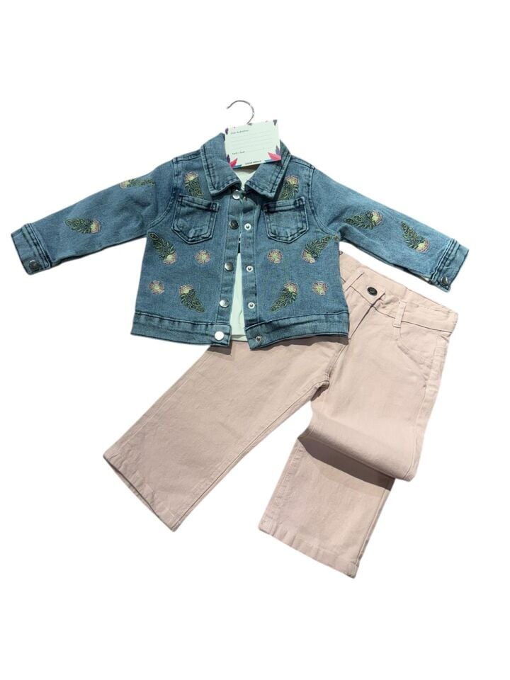 Kız Çocuk 3 Parça Kot Ceketli Takım