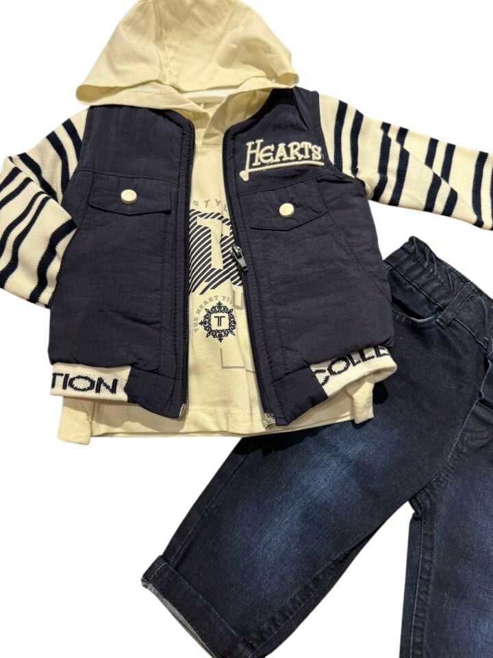 Erkek Çocuk Kapüşonlu Yelekli Kot Pantolonlu 3’lü Takım