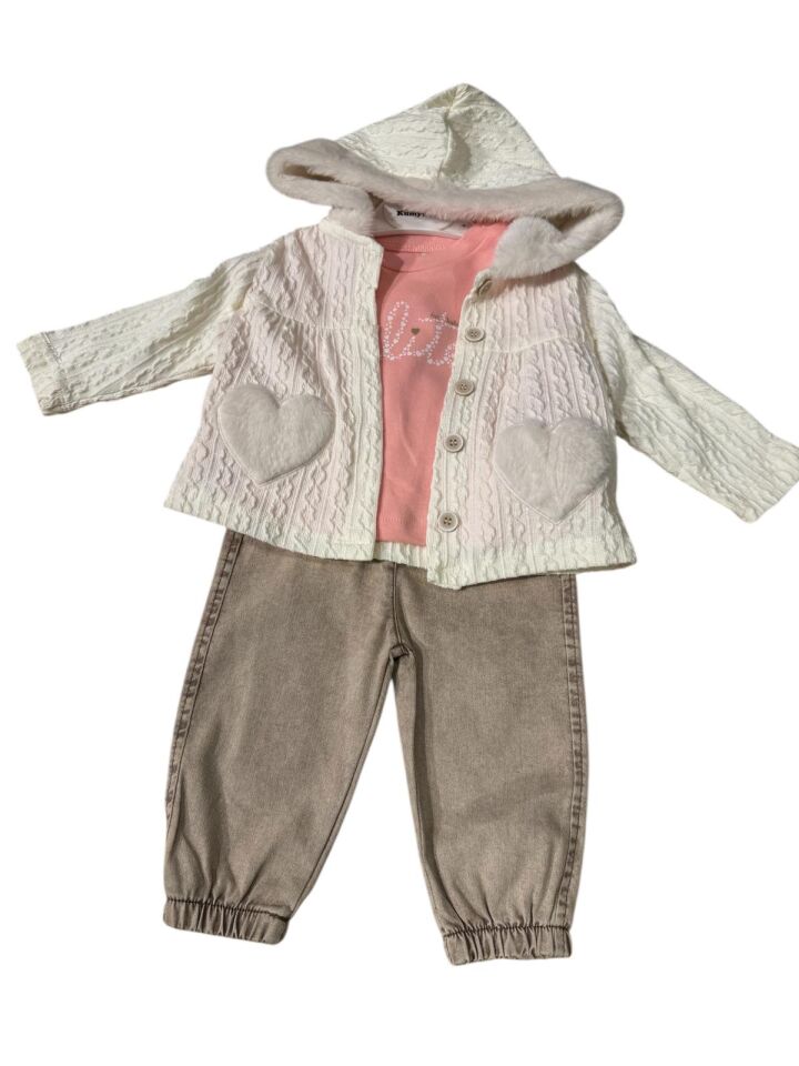 Kız Çocuk Kapüşonlu Kürk Detaylı 3’lü Takım
