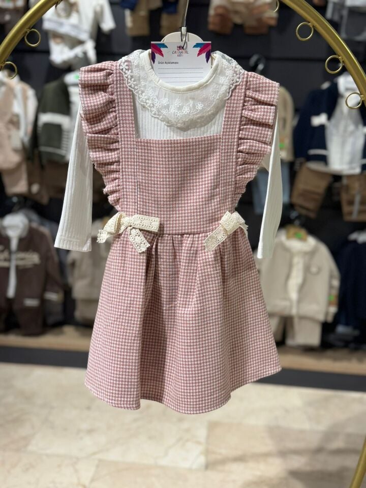 Kız Çocuk Fırfırlı Salopet Elbise Takımı