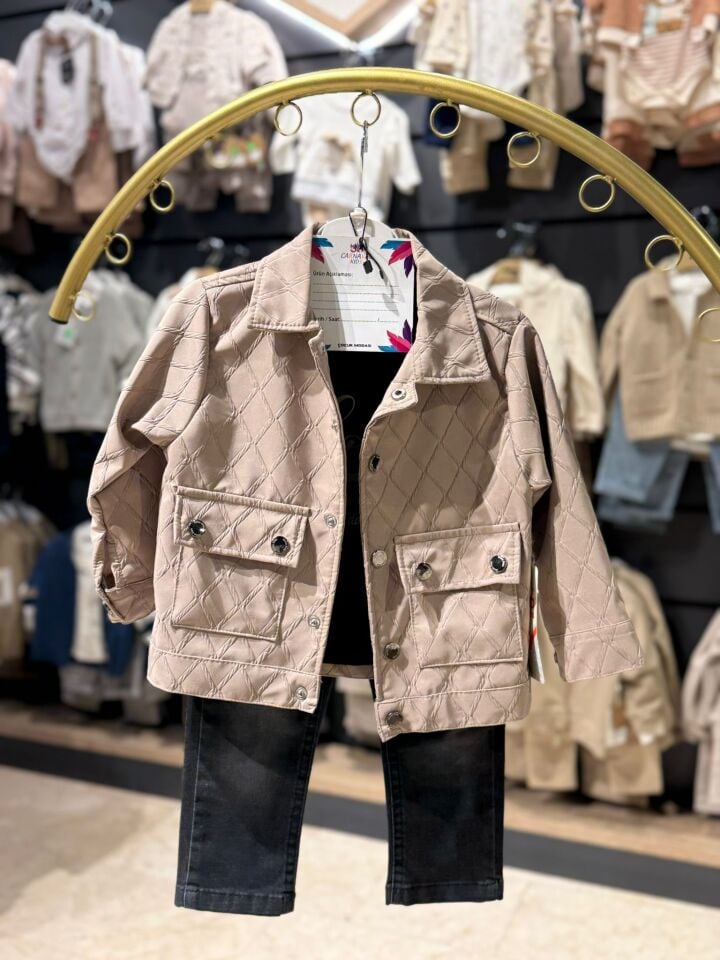 Bej Kapitone Ceketli Şık Çocuk Takımı