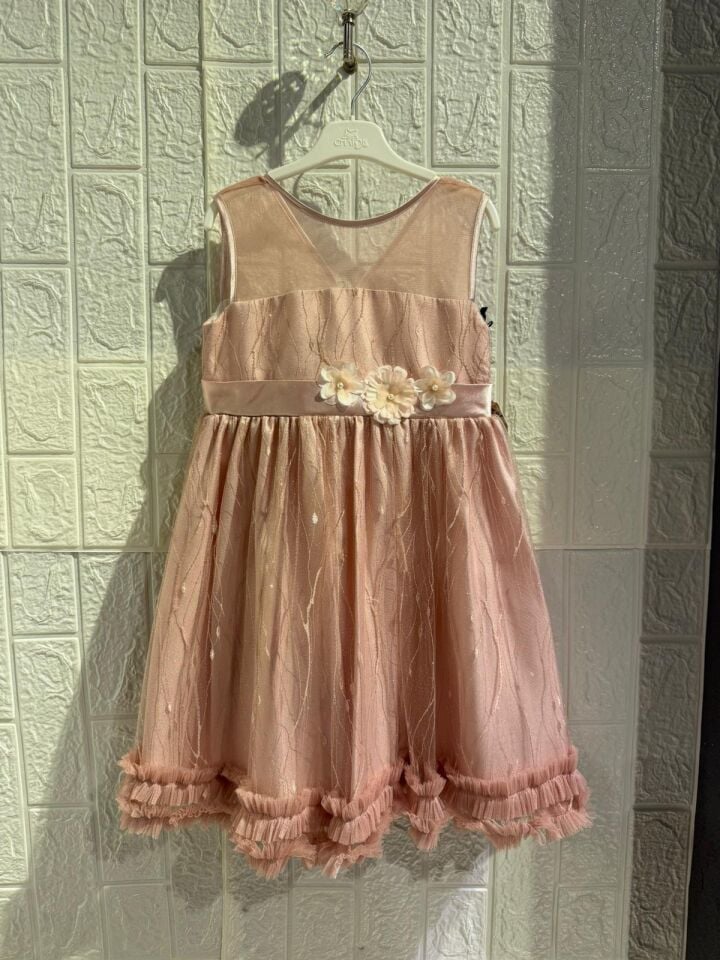 Kız Çocuk Çiçek Detaylı Simli Abiye Elbise Pudra Pembe