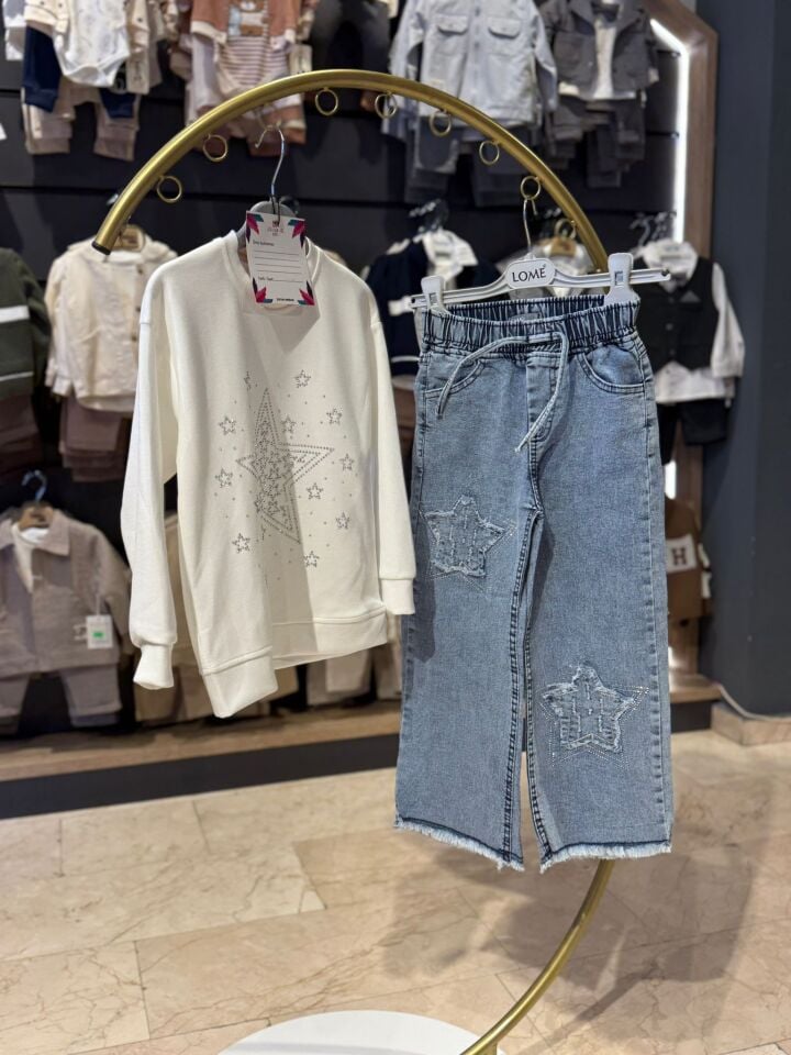 Yıldız Taş Detaylı İkili Kız Çocuk Takımı – Sweatshirt ve Jean Pantolon