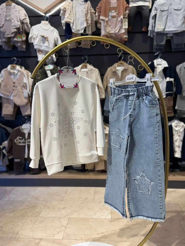 Yıldız Taş Detaylı İkili Kız Çocuk Takımı – Sweatshirt ve Jean Pantolon