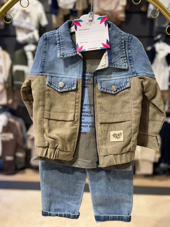 Kot Detaylı Ceket, Tişört ve Pantolon Erkek Çocuk Üçlü Takım