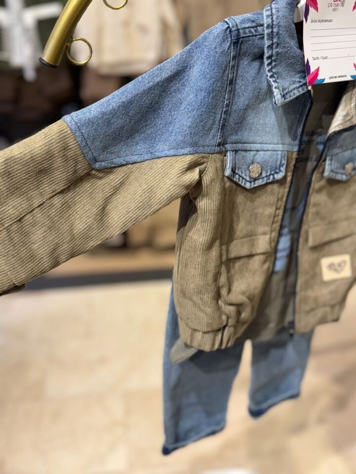 Kot Detaylı Ceket, Tişört ve Pantolon Erkek Çocuk Üçlü Takım