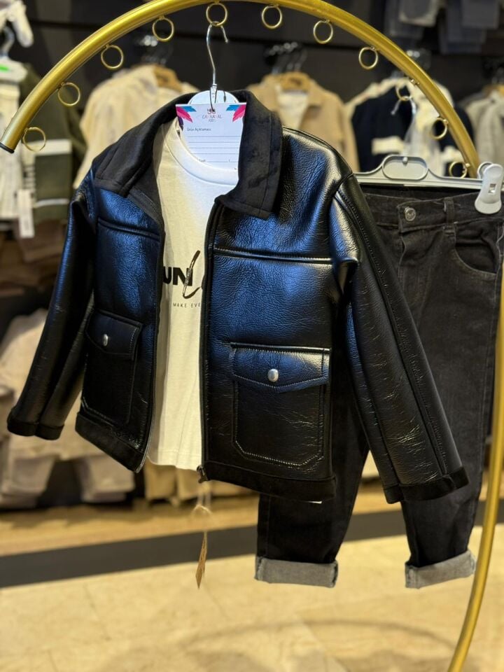 Erkek Çocuk Deri Görünümlü Ceket & Tişört & Kot Pantolon 3’lü Takım