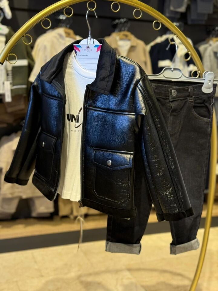 Erkek Çocuk Deri Görünümlü Ceket & Tişört & Kot Pantolon 3’lü Takım