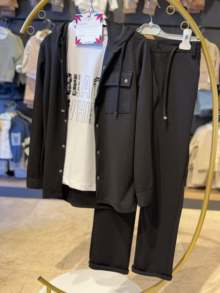 Kapüşonlu Düğmeli 3'lü  Çocuk Takımı - Siyah