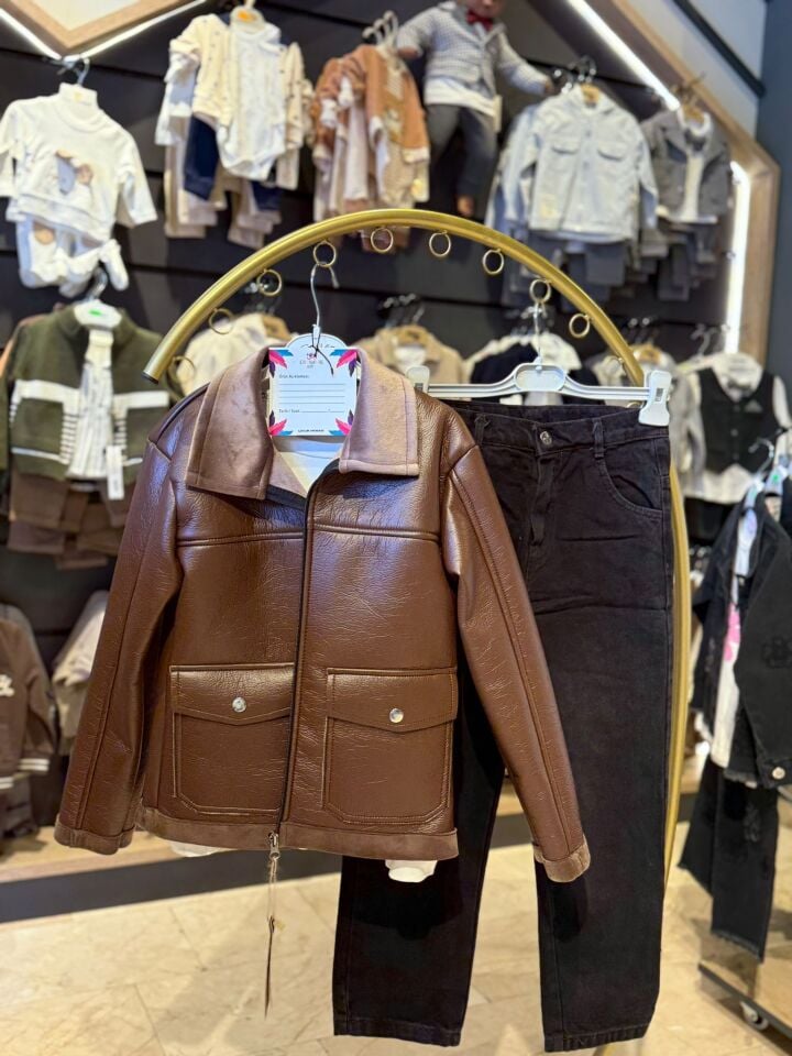 Deri Görünümlü Ceketli Çocuk Takımı