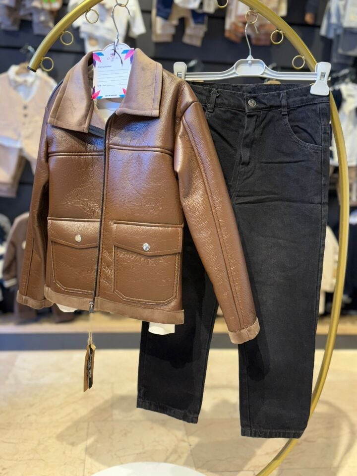 Deri Görünümlü Ceketli Çocuk Takımı