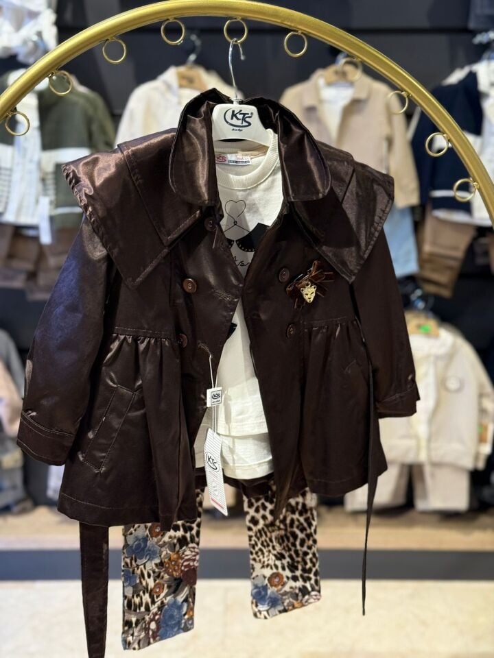 Kız Çocuk Deri Görünümlü Trençkotlu 3’lü Takım