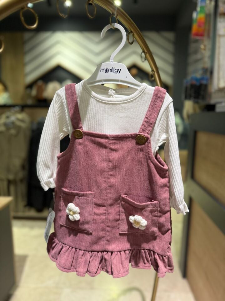 Kız Bebek Salopet Elbise & Uzun Kollu Body Takımı – Çiçek Detaylı
