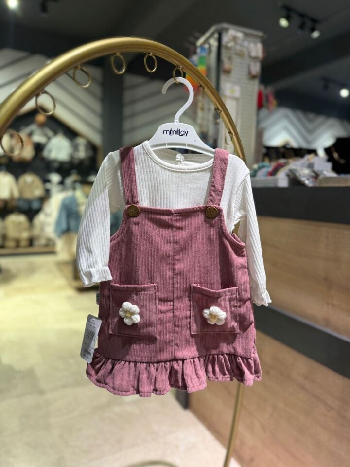 Kız Bebek Salopet Elbise & Uzun Kollu Body Takımı – Çiçek Detaylı