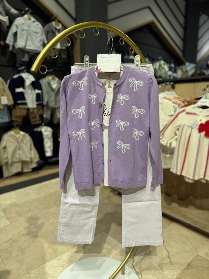 Kız Çocuk Desenli Hırka, Baskılı Tişört ve Pantolon 3’lü Takım